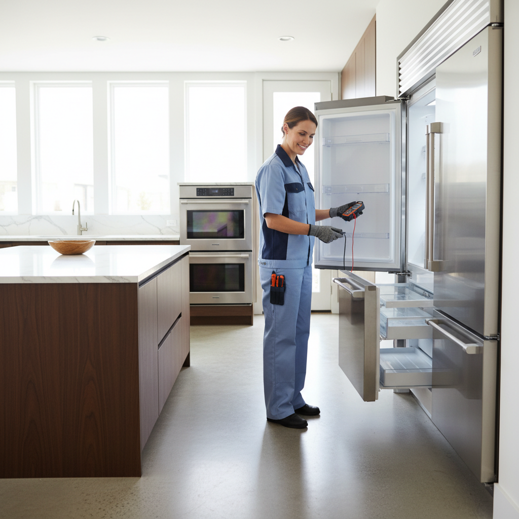 Professional appliance technician servicing a built-in refrigerator